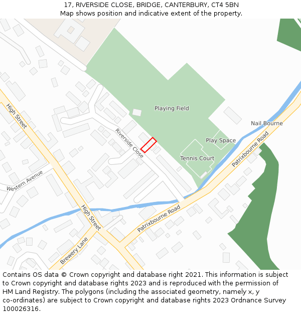 17, RIVERSIDE CLOSE, BRIDGE, CANTERBURY, CT4 5BN: Location map and indicative extent of plot