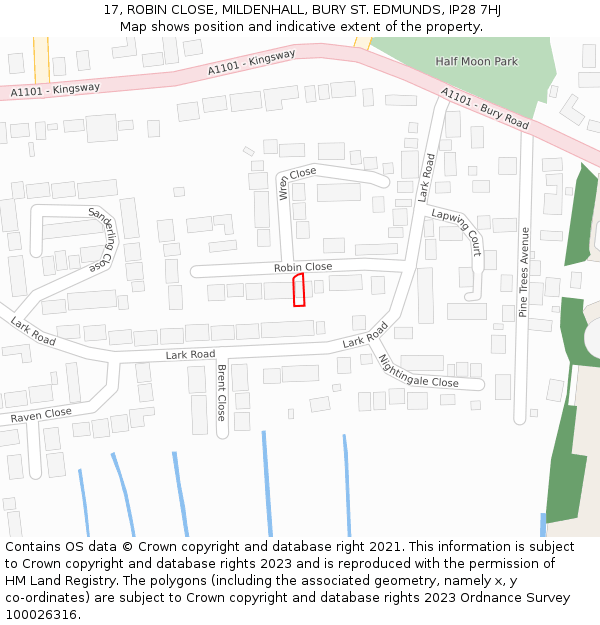 17, ROBIN CLOSE, MILDENHALL, BURY ST. EDMUNDS, IP28 7HJ: Location map and indicative extent of plot