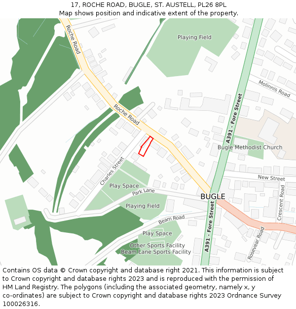 17, ROCHE ROAD, BUGLE, ST. AUSTELL, PL26 8PL: Location map and indicative extent of plot