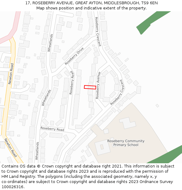 17, ROSEBERRY AVENUE, GREAT AYTON, MIDDLESBROUGH, TS9 6EN: Location map and indicative extent of plot