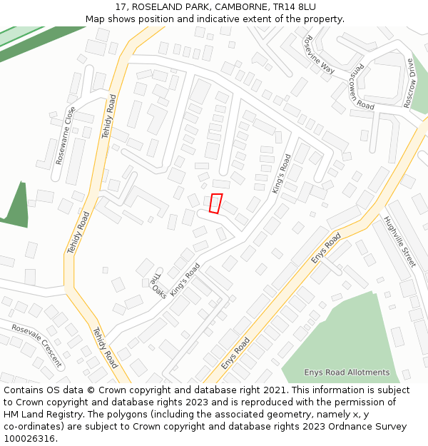 17, ROSELAND PARK, CAMBORNE, TR14 8LU: Location map and indicative extent of plot
