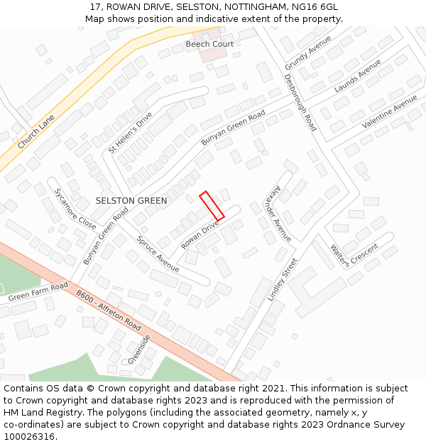 17, ROWAN DRIVE, SELSTON, NOTTINGHAM, NG16 6GL: Location map and indicative extent of plot