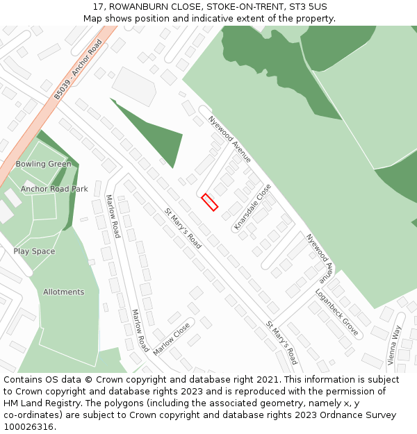 17, ROWANBURN CLOSE, STOKE-ON-TRENT, ST3 5US: Location map and indicative extent of plot