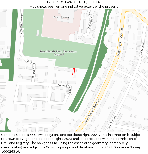17, RUNTON WALK, HULL, HU8 8AH: Location map and indicative extent of plot