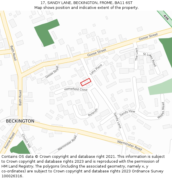 17, SANDY LANE, BECKINGTON, FROME, BA11 6ST: Location map and indicative extent of plot