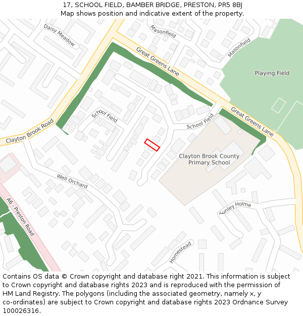 17, SCHOOL FIELD, BAMBER BRIDGE, PRESTON, PR5 8BJ: Location map and indicative extent of plot