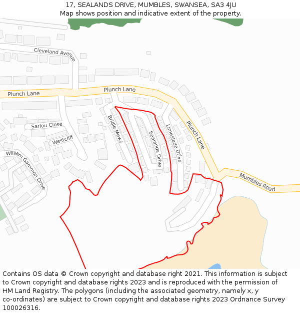 17, SEALANDS DRIVE, MUMBLES, SWANSEA, SA3 4JU: Location map and indicative extent of plot