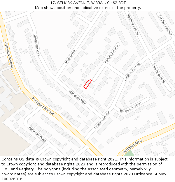 17, SELKIRK AVENUE, WIRRAL, CH62 8DT: Location map and indicative extent of plot