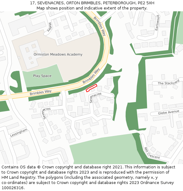 17, SEVENACRES, ORTON BRIMBLES, PETERBOROUGH, PE2 5XH: Location map and indicative extent of plot