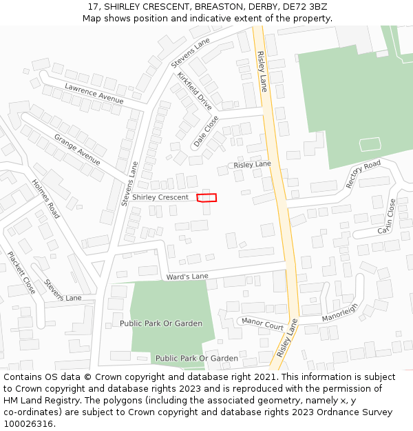 17, SHIRLEY CRESCENT, BREASTON, DERBY, DE72 3BZ: Location map and indicative extent of plot