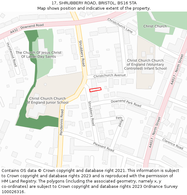 17, SHRUBBERY ROAD, BRISTOL, BS16 5TA: Location map and indicative extent of plot