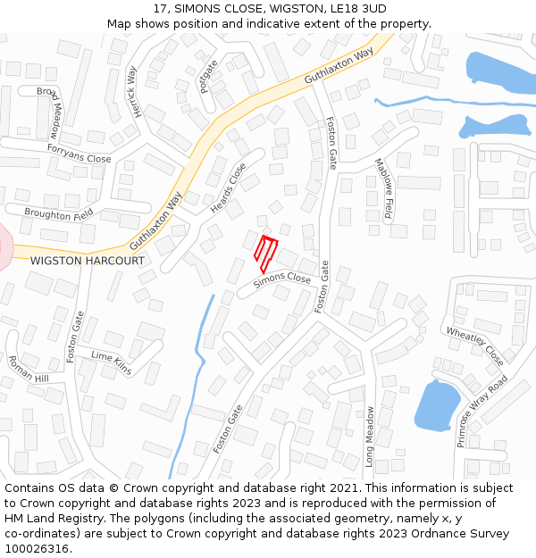17, SIMONS CLOSE, WIGSTON, LE18 3UD: Location map and indicative extent of plot
