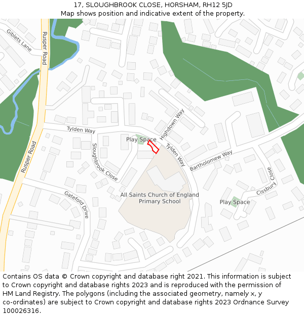 17, SLOUGHBROOK CLOSE, HORSHAM, RH12 5JD: Location map and indicative extent of plot