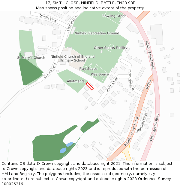 17, SMITH CLOSE, NINFIELD, BATTLE, TN33 9RB: Location map and indicative extent of plot