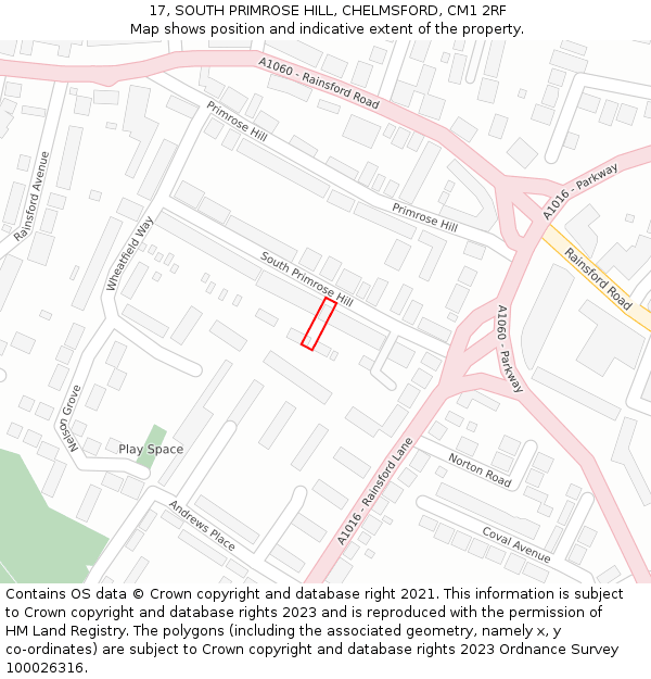 17, SOUTH PRIMROSE HILL, CHELMSFORD, CM1 2RF: Location map and indicative extent of plot