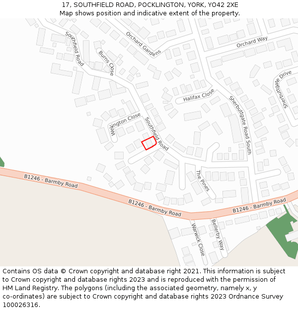 17, SOUTHFIELD ROAD, POCKLINGTON, YORK, YO42 2XE: Location map and indicative extent of plot