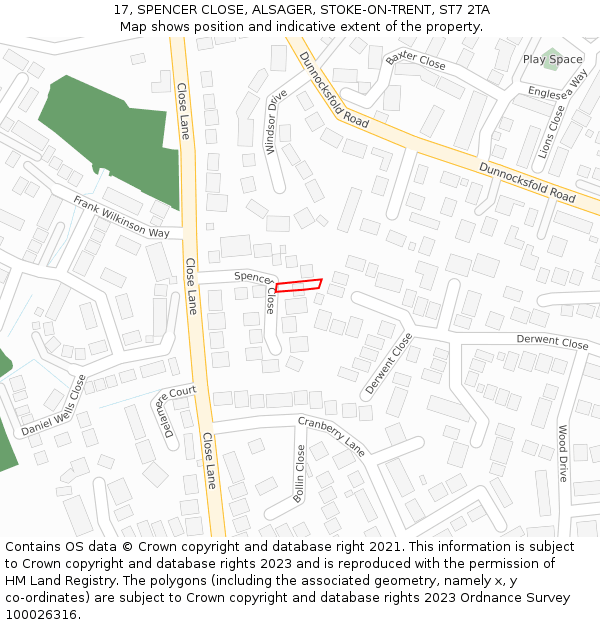 17, SPENCER CLOSE, ALSAGER, STOKE-ON-TRENT, ST7 2TA: Location map and indicative extent of plot