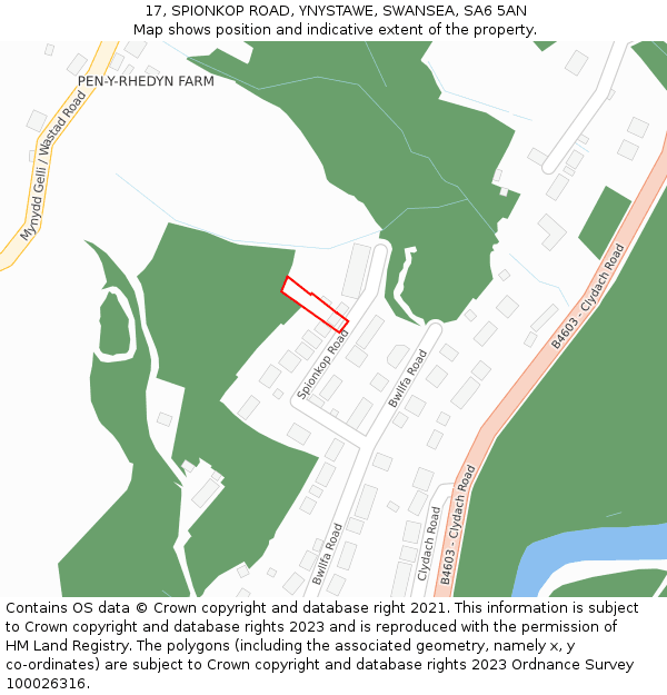 17, SPIONKOP ROAD, YNYSTAWE, SWANSEA, SA6 5AN: Location map and indicative extent of plot