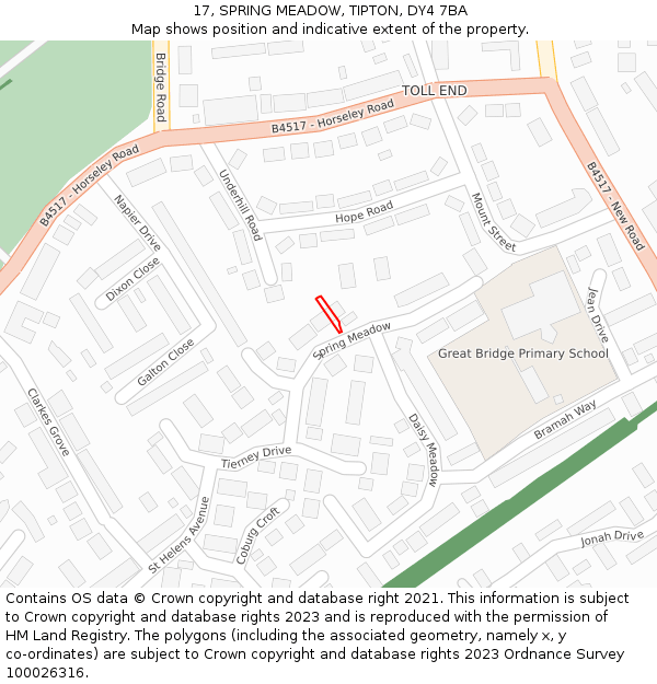 17, SPRING MEADOW, TIPTON, DY4 7BA: Location map and indicative extent of plot