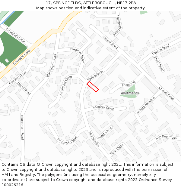 17, SPRINGFIELDS, ATTLEBOROUGH, NR17 2PA: Location map and indicative extent of plot