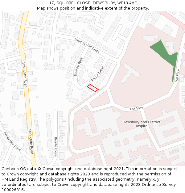 17, SQUIRREL CLOSE, DEWSBURY, WF13 4AE: Location map and indicative extent of plot