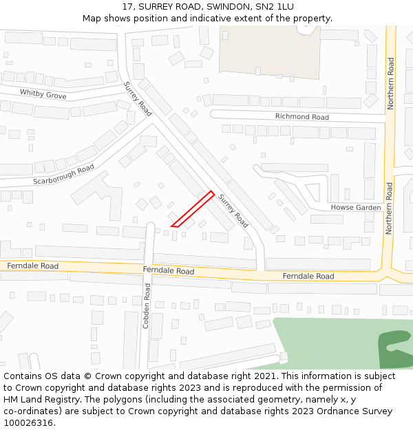 17, SURREY ROAD, SWINDON, SN2 1LU: Location map and indicative extent of plot