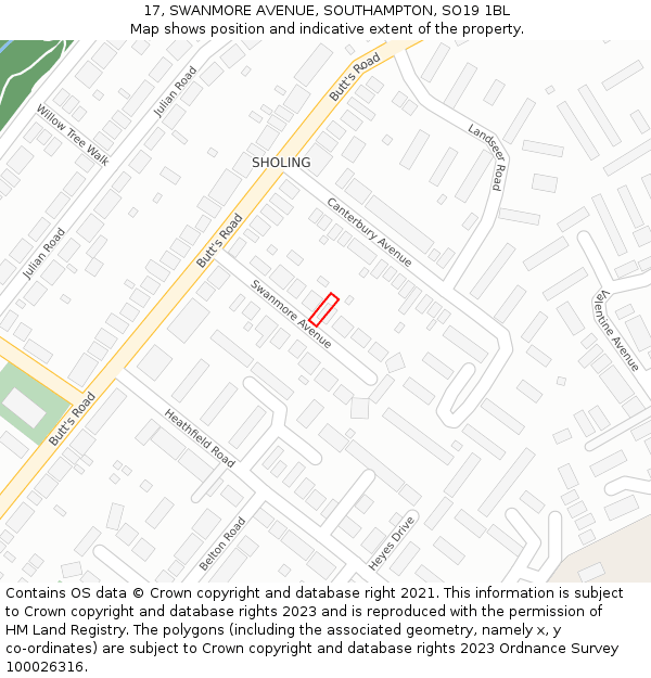 17, SWANMORE AVENUE, SOUTHAMPTON, SO19 1BL: Location map and indicative extent of plot