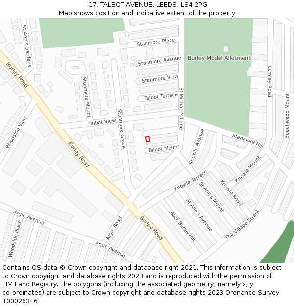 17, TALBOT AVENUE, LEEDS, LS4 2PG: Location map and indicative extent of plot