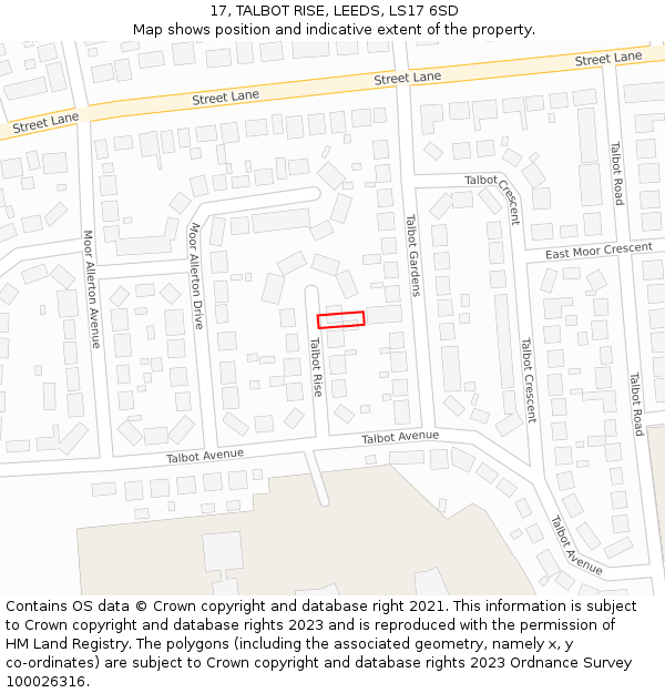 17, TALBOT RISE, LEEDS, LS17 6SD: Location map and indicative extent of plot