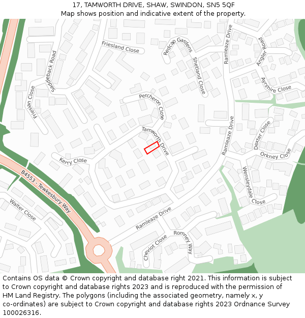 17, TAMWORTH DRIVE, SHAW, SWINDON, SN5 5QF: Location map and indicative extent of plot