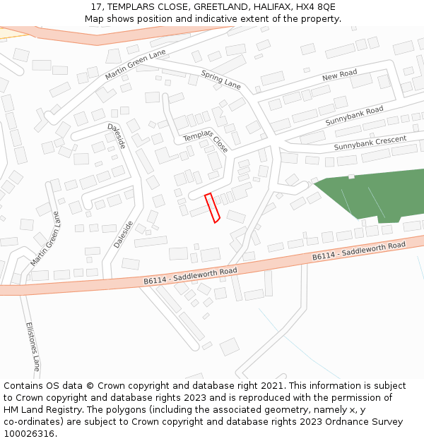 17, TEMPLARS CLOSE, GREETLAND, HALIFAX, HX4 8QE: Location map and indicative extent of plot