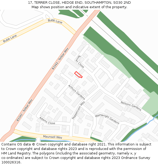 17, TERRIER CLOSE, HEDGE END, SOUTHAMPTON, SO30 2ND: Location map and indicative extent of plot