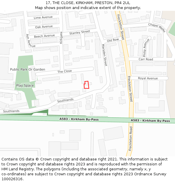 17, THE CLOSE, KIRKHAM, PRESTON, PR4 2UL: Location map and indicative extent of plot