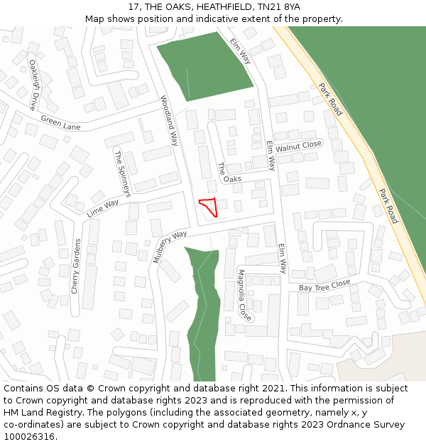 17, THE OAKS, HEATHFIELD, TN21 8YA: Location map and indicative extent of plot