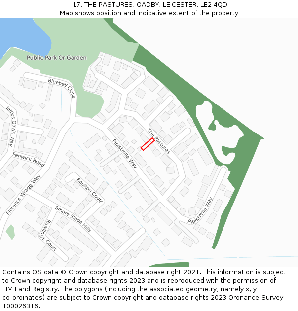 17, THE PASTURES, OADBY, LEICESTER, LE2 4QD: Location map and indicative extent of plot