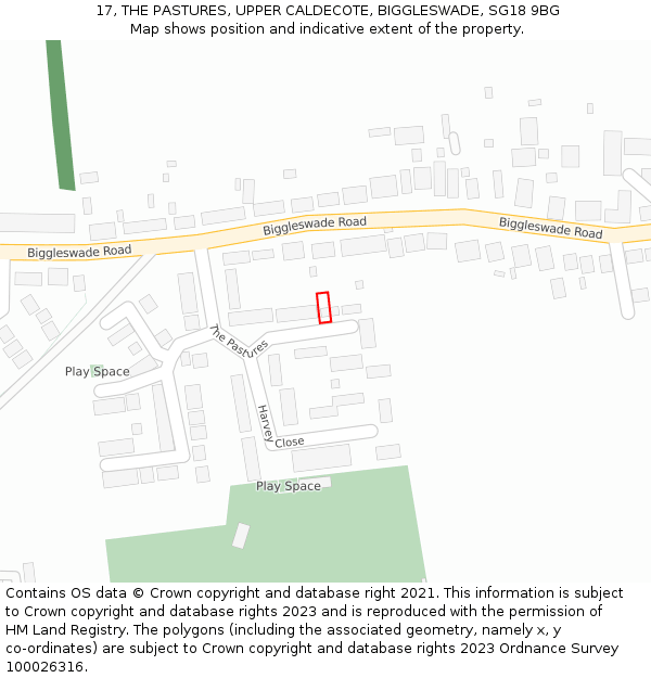 17, THE PASTURES, UPPER CALDECOTE, BIGGLESWADE, SG18 9BG: Location map and indicative extent of plot