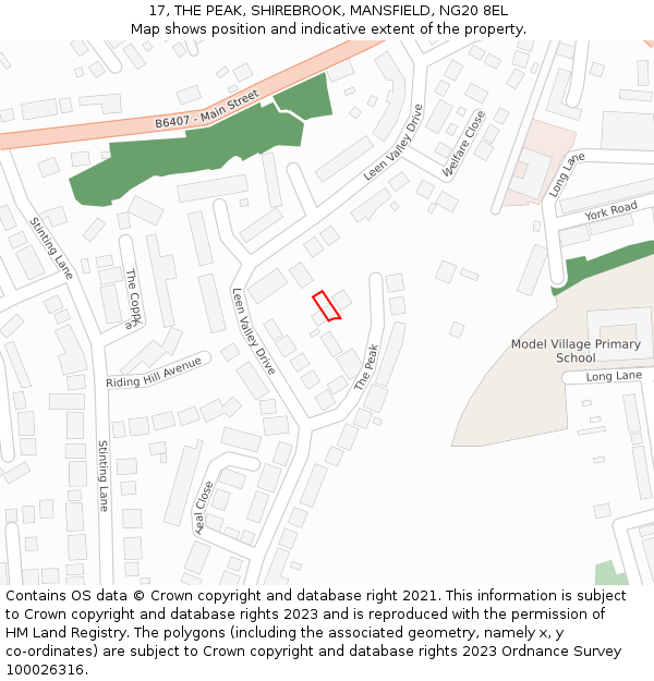 17, THE PEAK, SHIREBROOK, MANSFIELD, NG20 8EL: Location map and indicative extent of plot