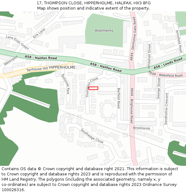 17, THOMPSON CLOSE, HIPPERHOLME, HALIFAX, HX3 8FG: Location map and indicative extent of plot