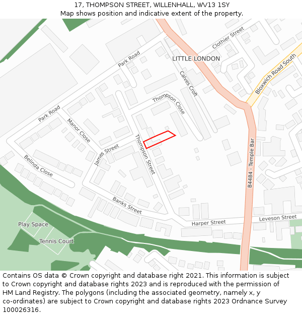 17, THOMPSON STREET, WILLENHALL, WV13 1SY: Location map and indicative extent of plot