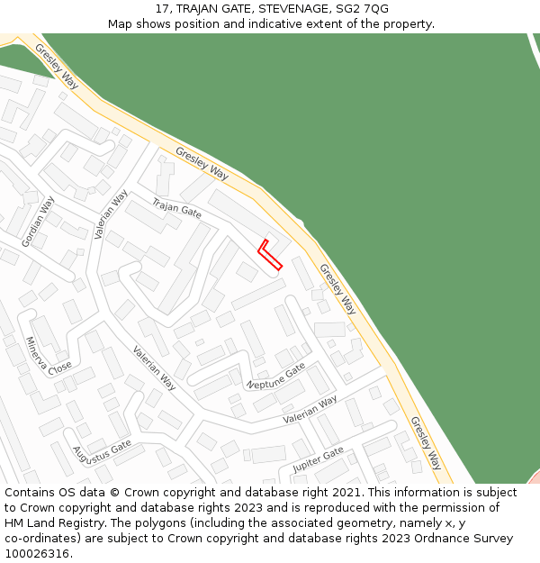 17, TRAJAN GATE, STEVENAGE, SG2 7QG: Location map and indicative extent of plot