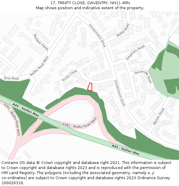 17, TRINITY CLOSE, DAVENTRY, NN11 4RN: Location map and indicative extent of plot