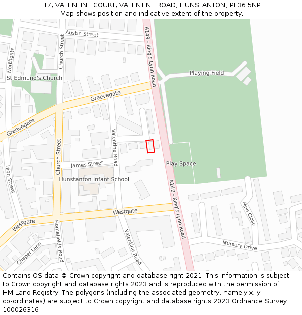 17, VALENTINE COURT, VALENTINE ROAD, HUNSTANTON, PE36 5NP: Location map and indicative extent of plot