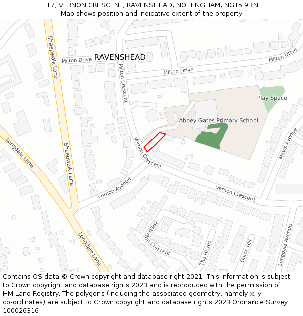17, VERNON CRESCENT, RAVENSHEAD, NOTTINGHAM, NG15 9BN: Location map and indicative extent of plot