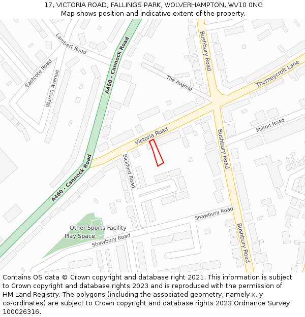 17, VICTORIA ROAD, FALLINGS PARK, WOLVERHAMPTON, WV10 0NG: Location map and indicative extent of plot