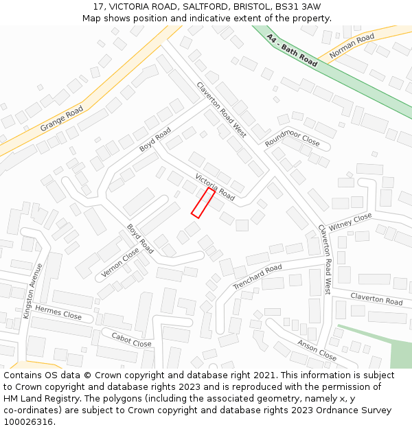 17, VICTORIA ROAD, SALTFORD, BRISTOL, BS31 3AW: Location map and indicative extent of plot