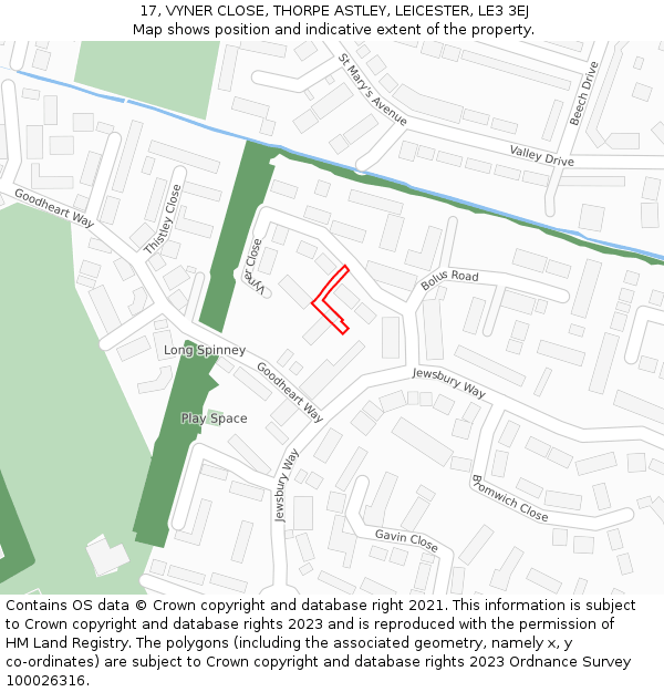17, VYNER CLOSE, THORPE ASTLEY, LEICESTER, LE3 3EJ: Location map and indicative extent of plot