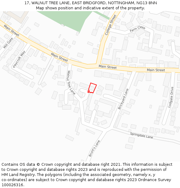 17, WALNUT TREE LANE, EAST BRIDGFORD, NOTTINGHAM, NG13 8NN: Location map and indicative extent of plot