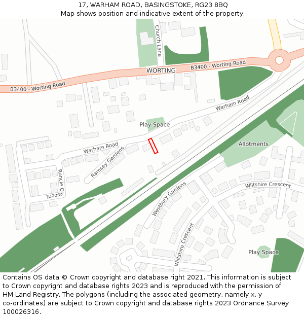 17, WARHAM ROAD, BASINGSTOKE, RG23 8BQ: Location map and indicative extent of plot