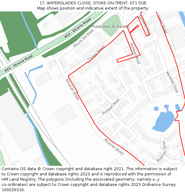 17, WATERGLADES CLOSE, STOKE-ON-TRENT, ST1 5GE: Location map and indicative extent of plot