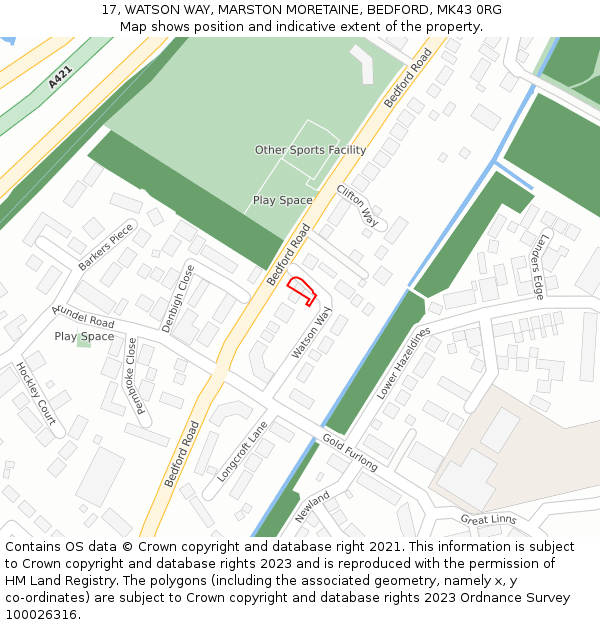 17, WATSON WAY, MARSTON MORETAINE, BEDFORD, MK43 0RG: Location map and indicative extent of plot